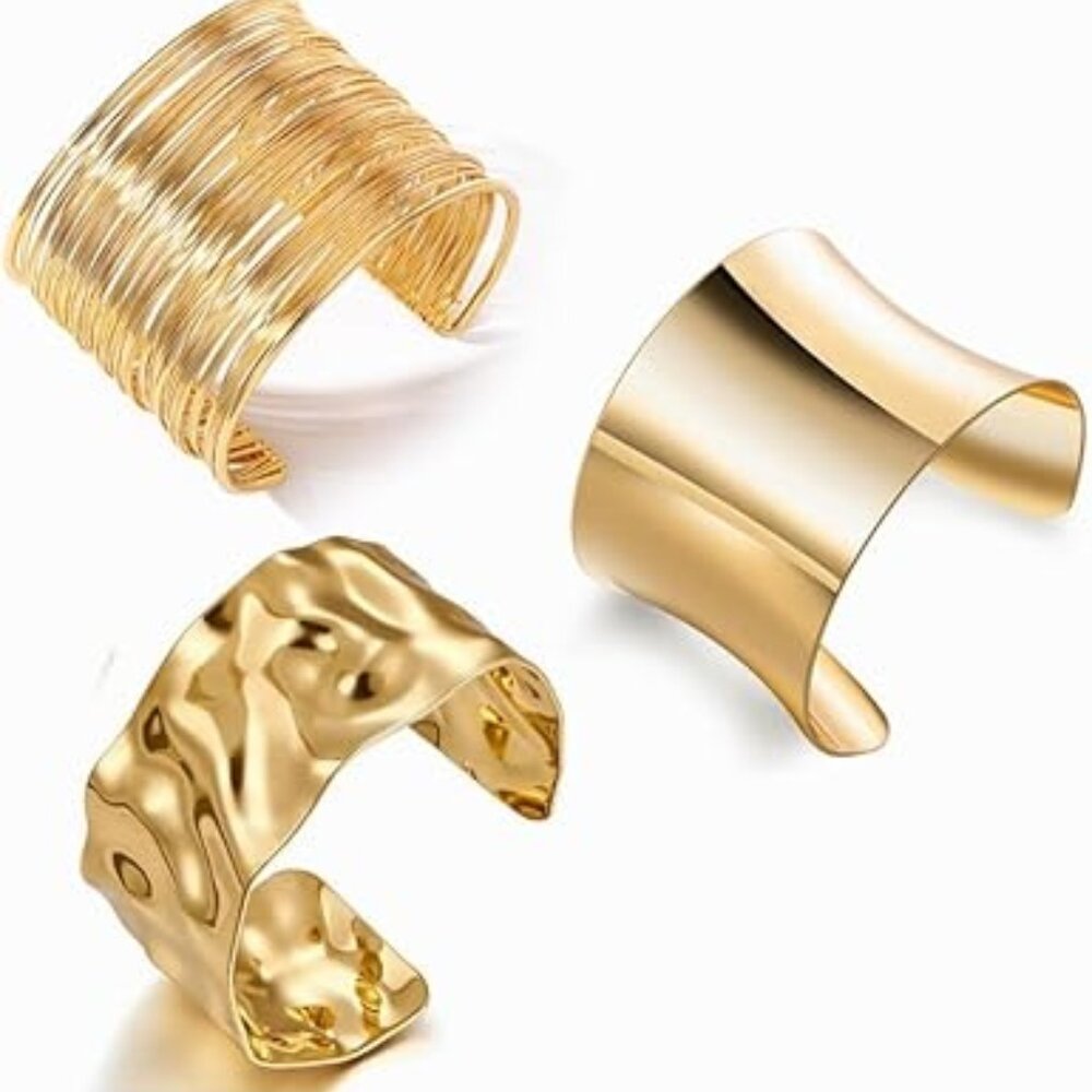 3 pc Gold Tone Chunky Cuff Bracelets Wide Cuff Brand New !!